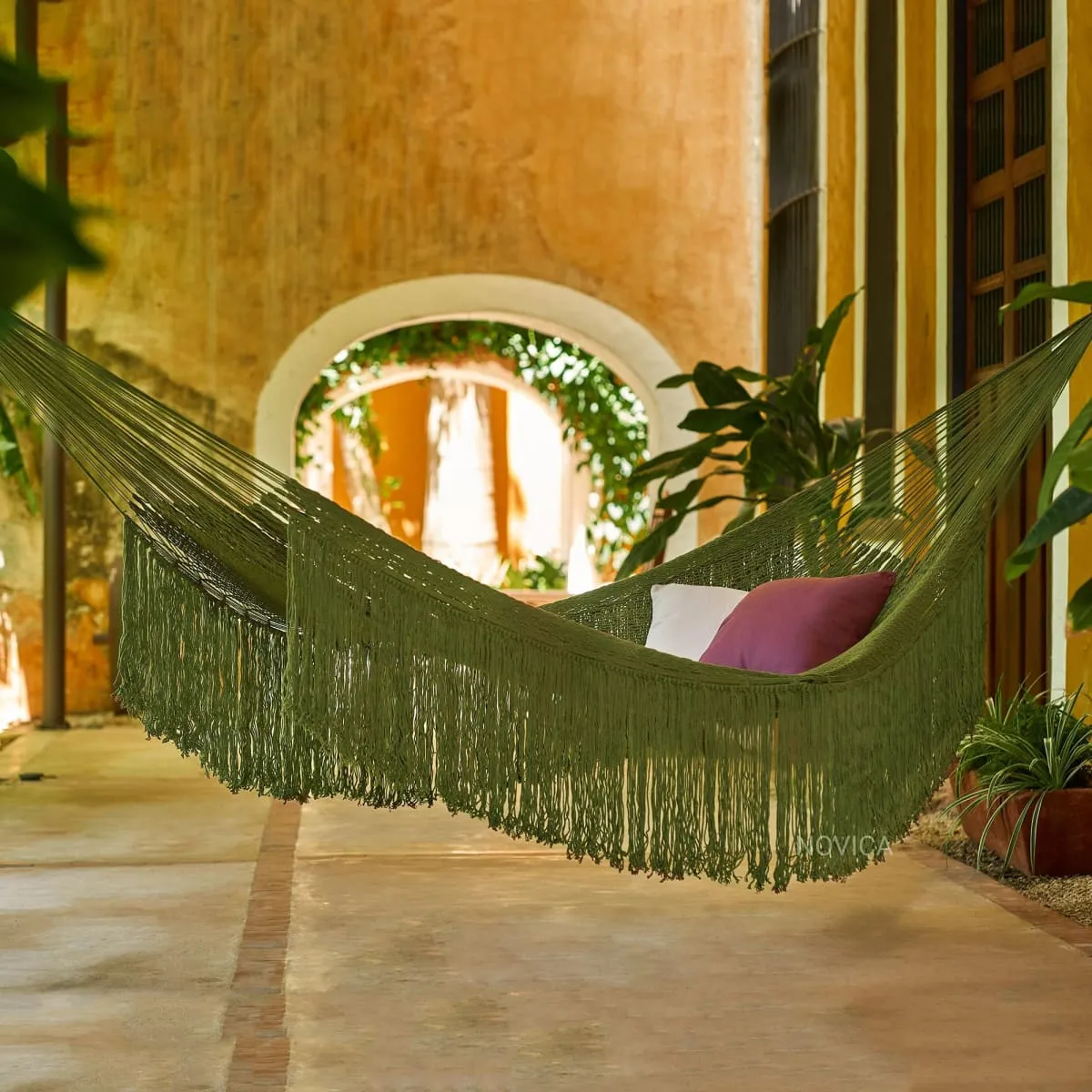 Novica Cascade In Olive Cotton Rope Hammock (Triple)