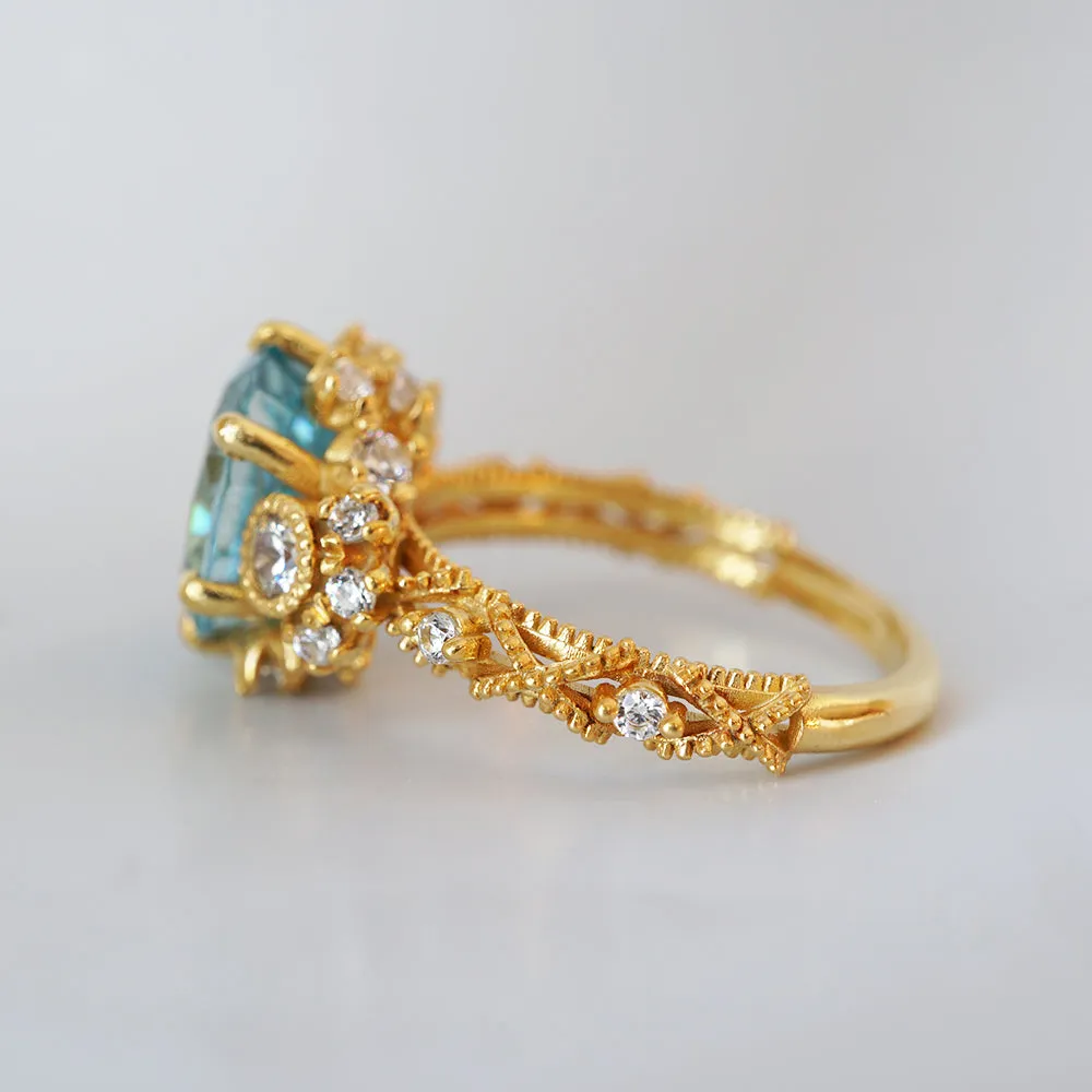 One Of A Kind: 2.54ct Blue Zircon Queen Victoria Diamond Ring in 14K and 18K Gold