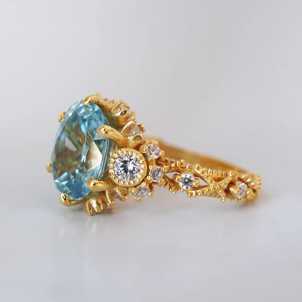 One Of A Kind: 2.54ct Blue Zircon Queen Victoria Diamond Ring in 14K and 18K Gold