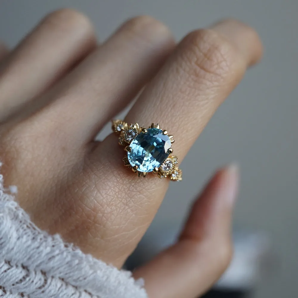 One Of A Kind: 2.54ct Blue Zircon Queen Victoria Diamond Ring in 14K and 18K Gold