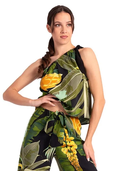 One Shoulder Tropical Print Loose Top