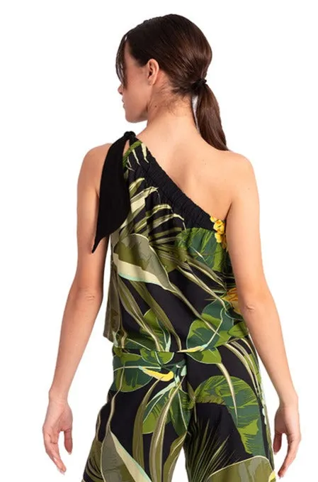 One Shoulder Tropical Print Loose Top