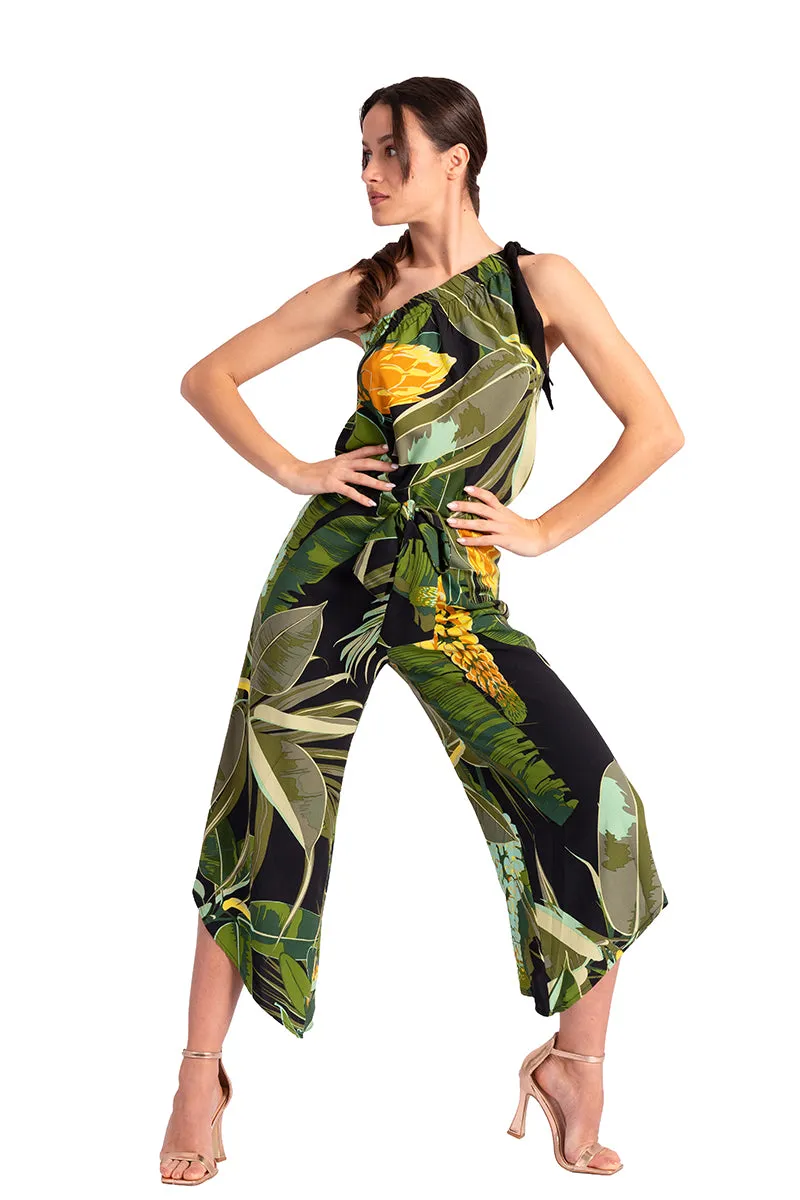 One Shoulder Tropical Print Loose Top