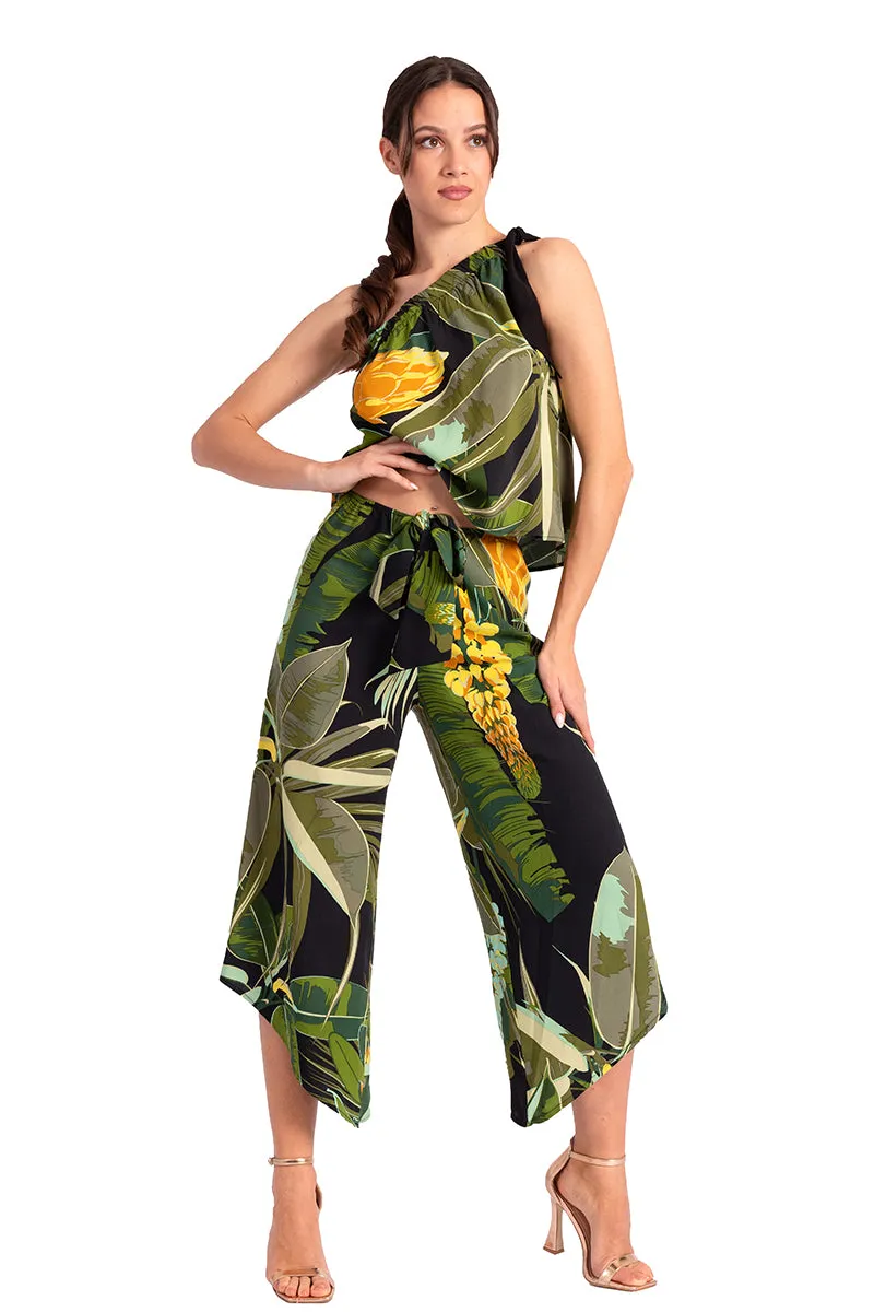 One Shoulder Tropical Print Loose Top