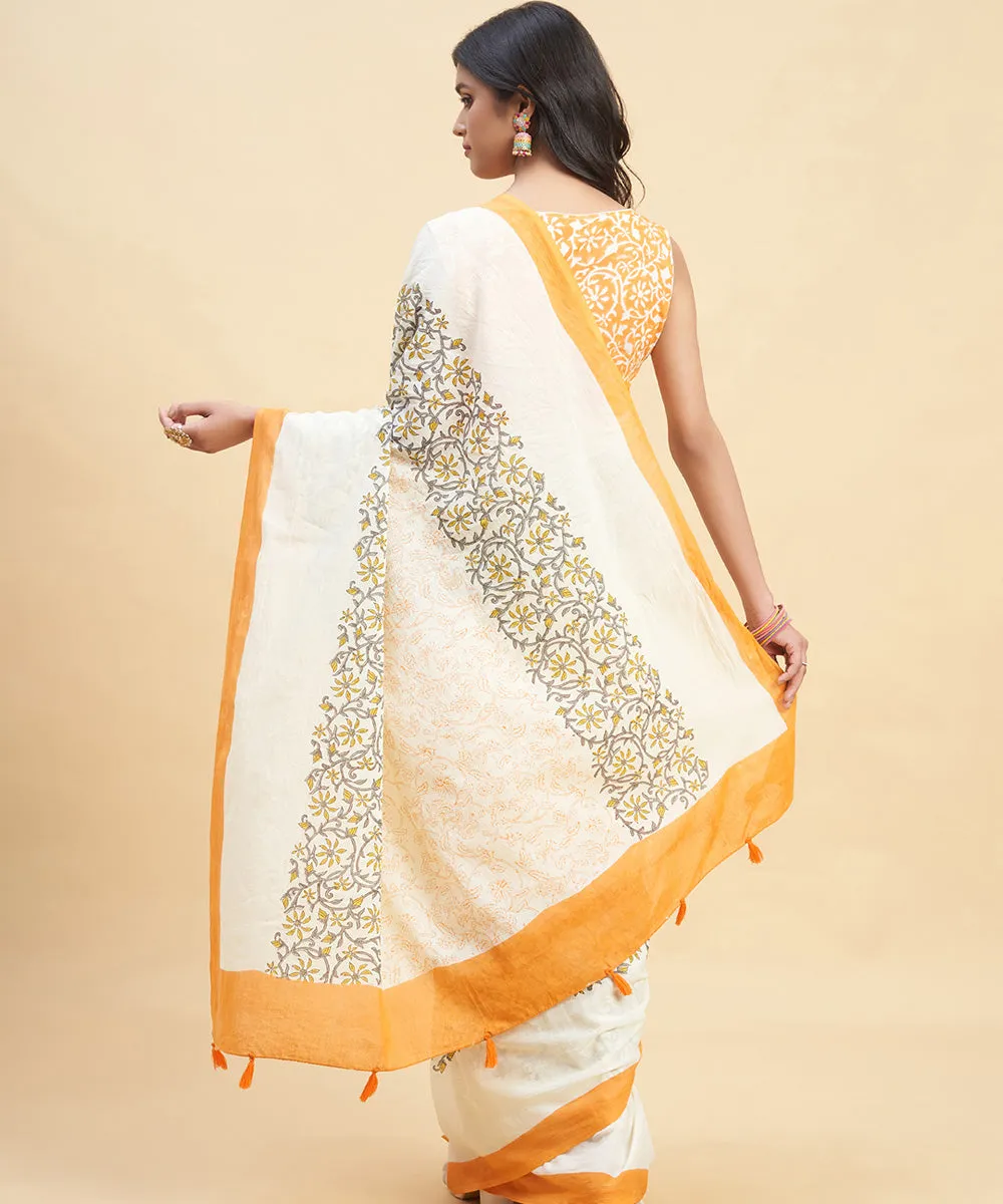 Orange grey cotton hand block sanganeri printed saree