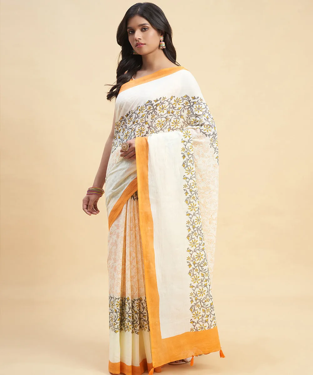 Orange grey cotton hand block sanganeri printed saree