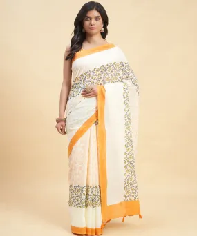 Orange grey cotton hand block sanganeri printed saree