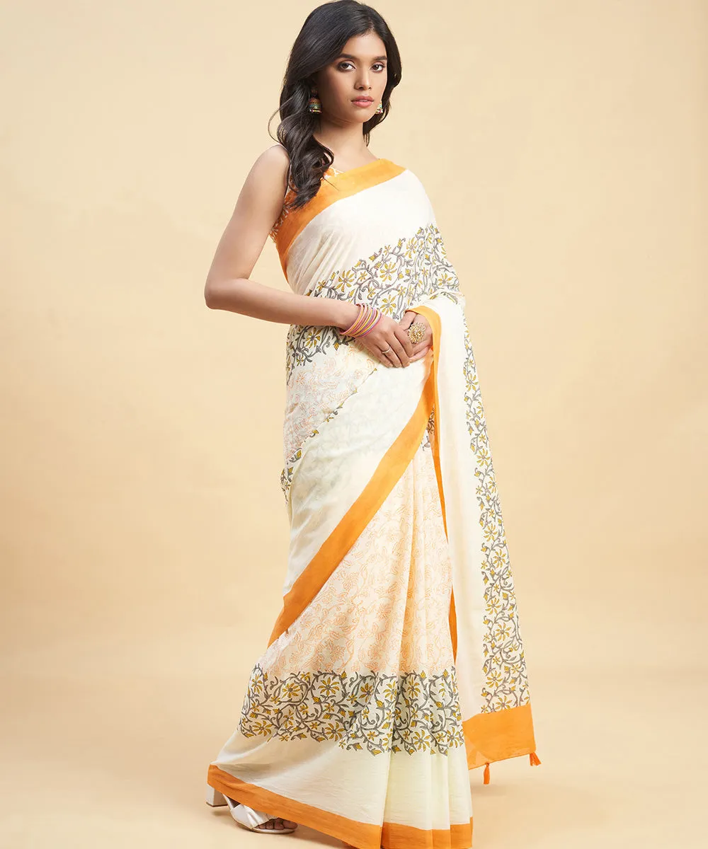 Orange grey cotton hand block sanganeri printed saree