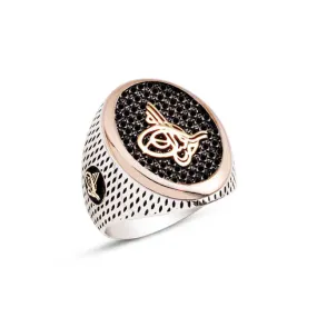 Ottoman Tughra on Black Zircon Stones Ellipse Silver Men’s Ring Siding Striped Pattern and Ottoman Tughra