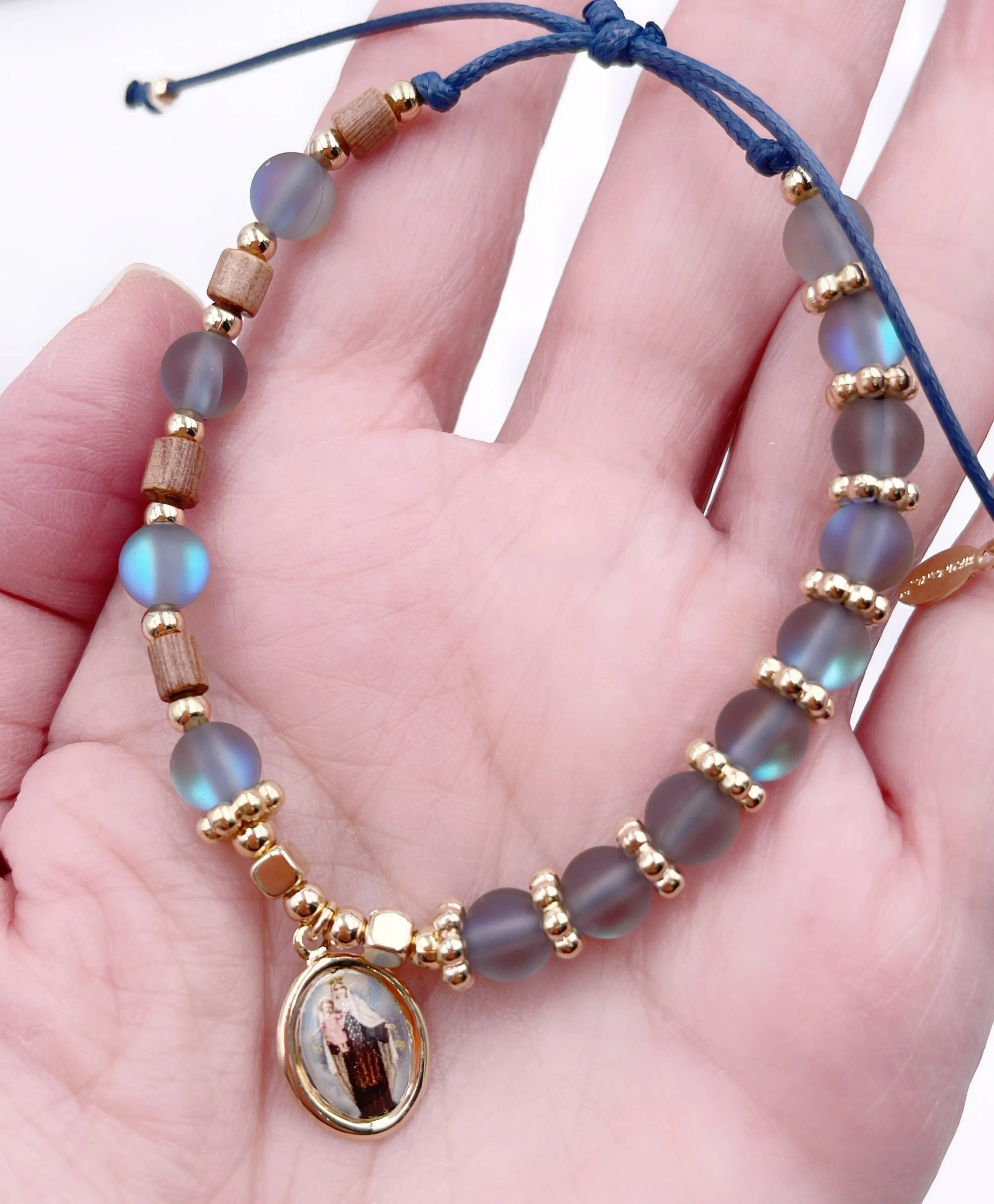 Our Lady of Mount Carmel Moonstone Beaded Adjustable Bracelet