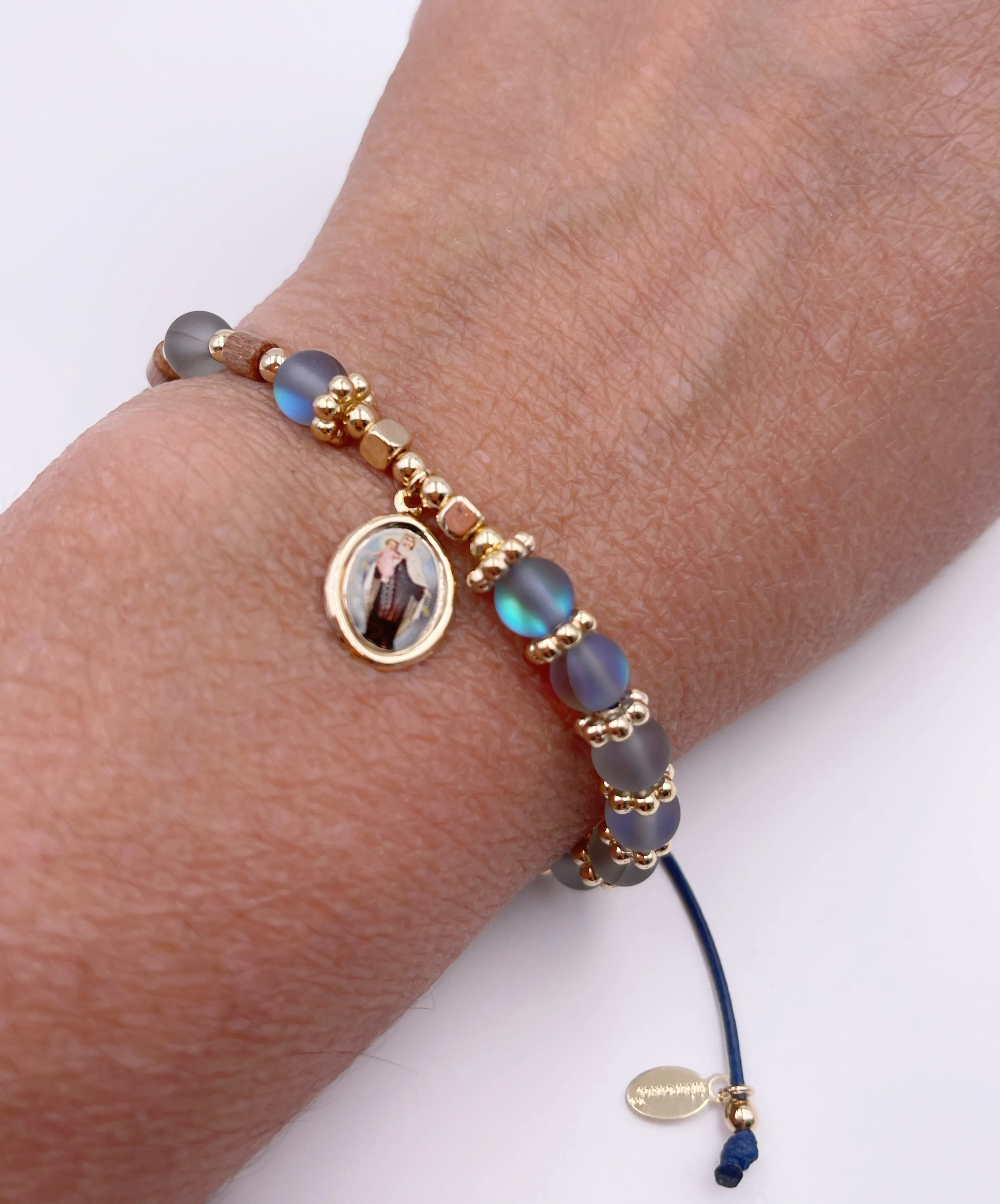 Our Lady of Mount Carmel Moonstone Beaded Adjustable Bracelet