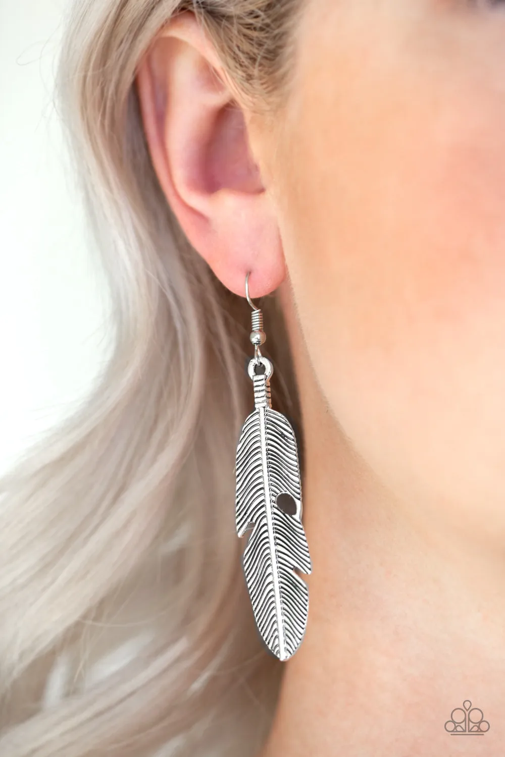 Paparazzi Feathers QUILL Fly Silver Earrings