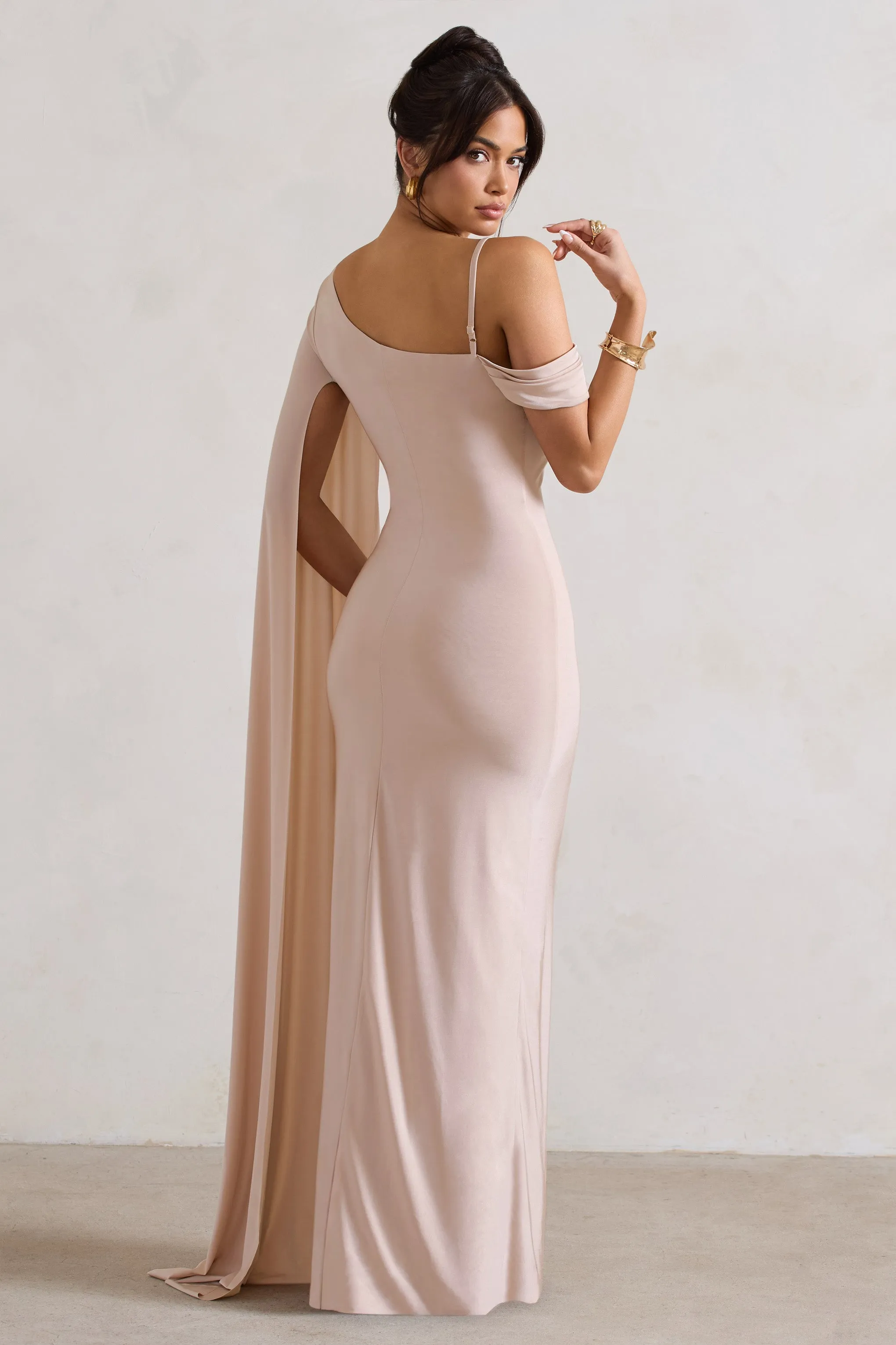 Pedra | Champagne One Shoulder Cape Sleeve Draped Maxi Dress