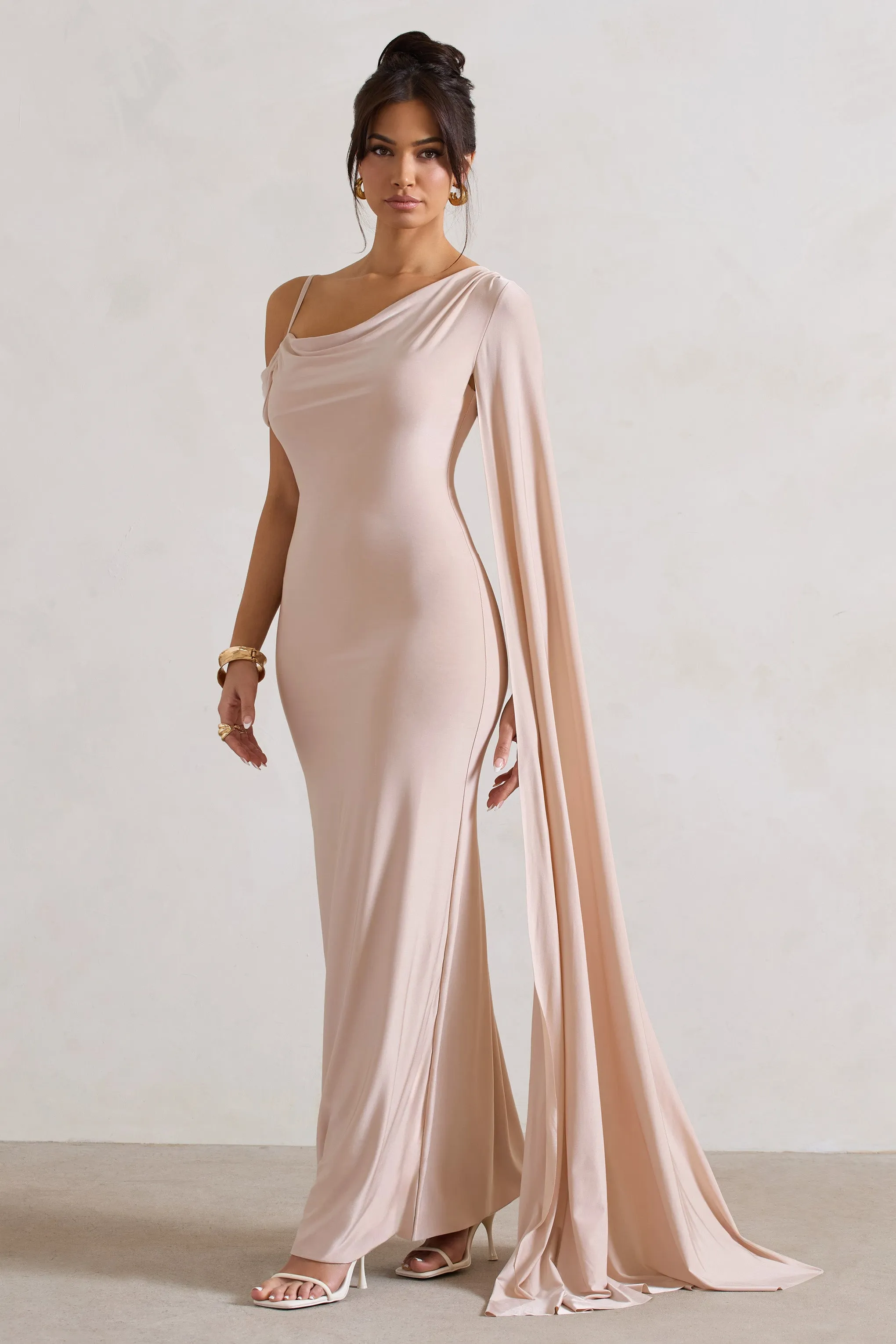 Pedra | Champagne One Shoulder Cape Sleeve Draped Maxi Dress