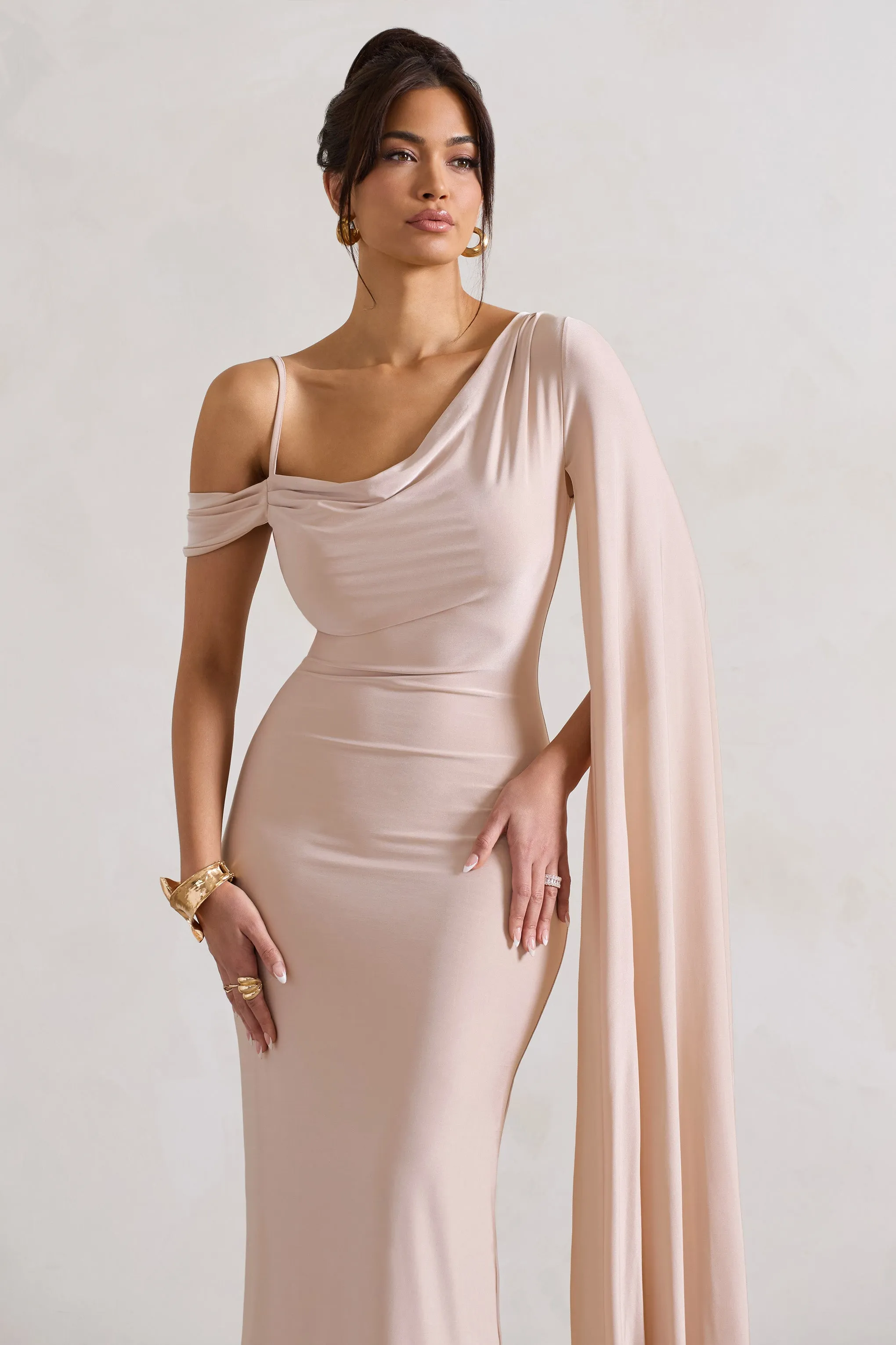 Pedra | Champagne One Shoulder Cape Sleeve Draped Maxi Dress