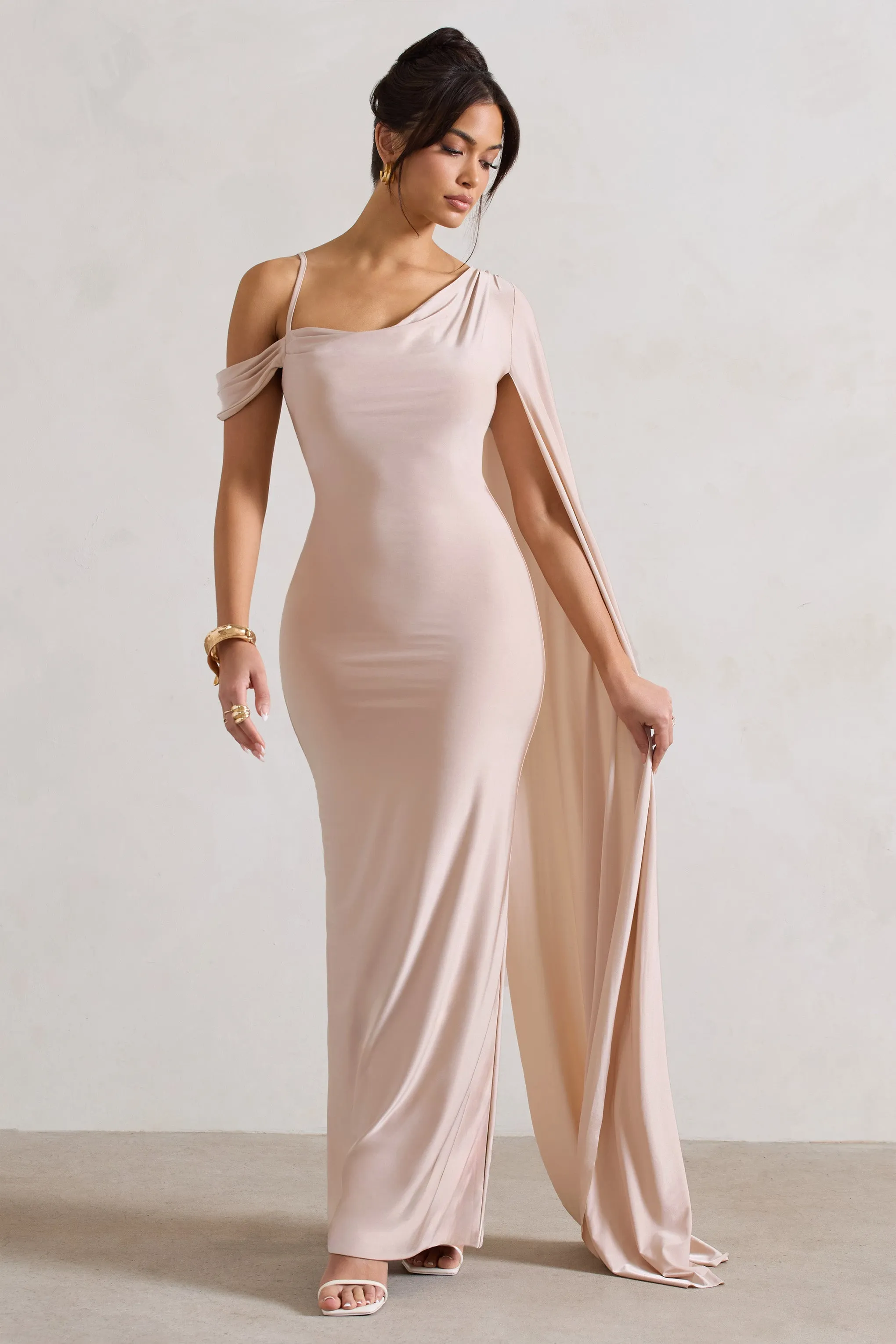 Pedra | Champagne One Shoulder Cape Sleeve Draped Maxi Dress