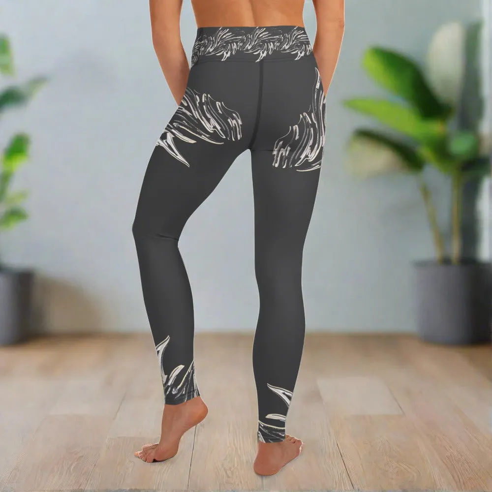 Performance Yoga Leggings for Women - Dark Gray with Phoenix Wing Print