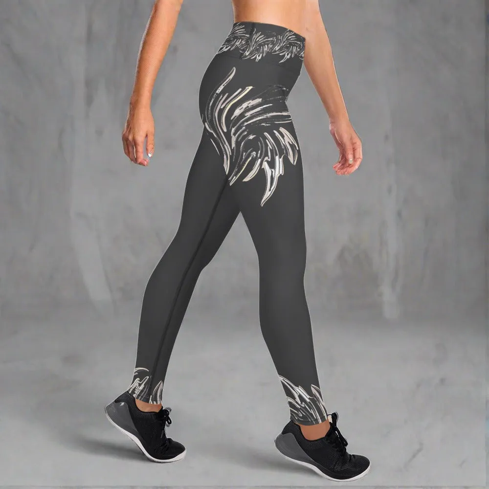 Performance Yoga Leggings for Women - Dark Gray with Phoenix Wing Print