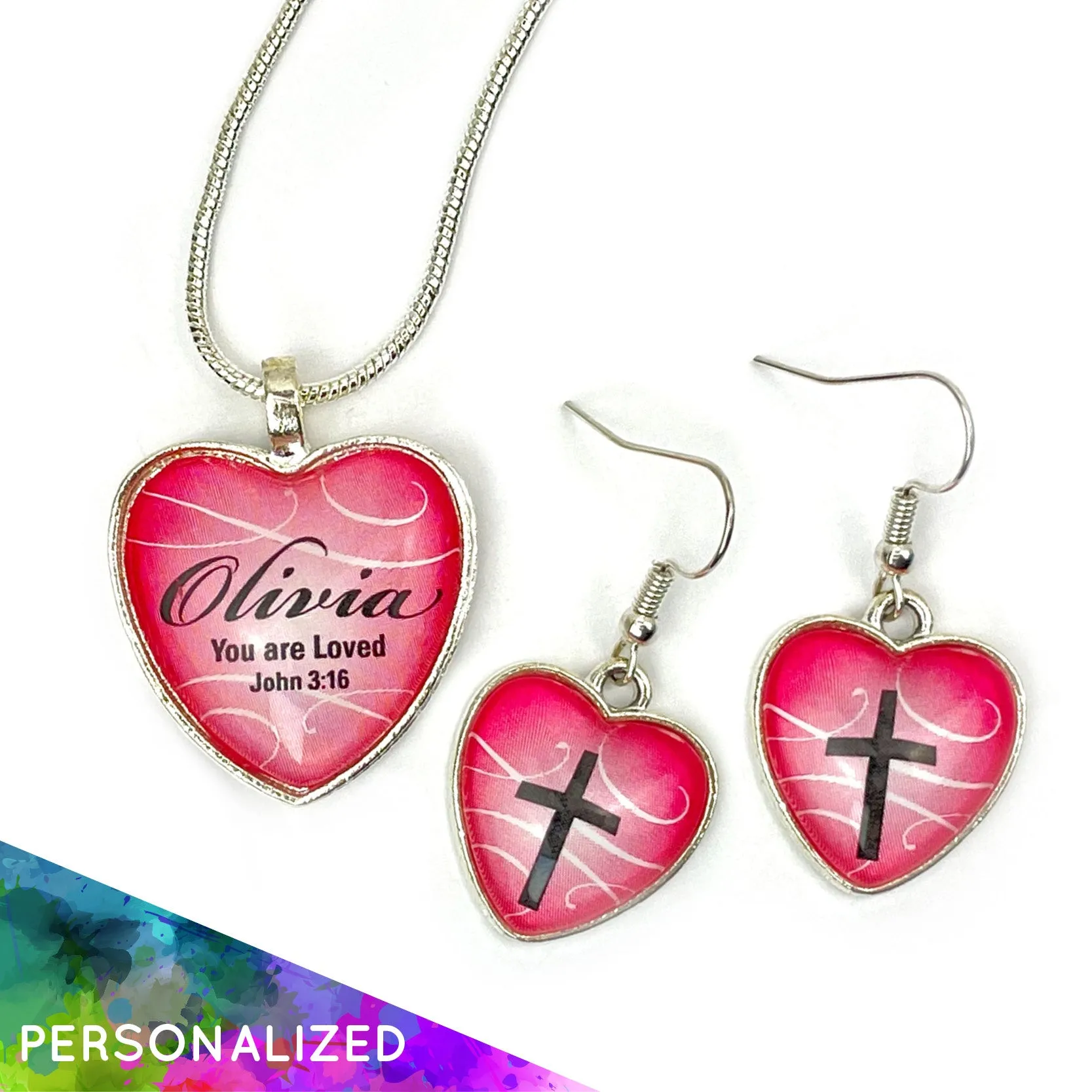 Personalized You Are Loved John 3:16 Pink Heart Scripture Pendant Necklace & Cross Earrings Set