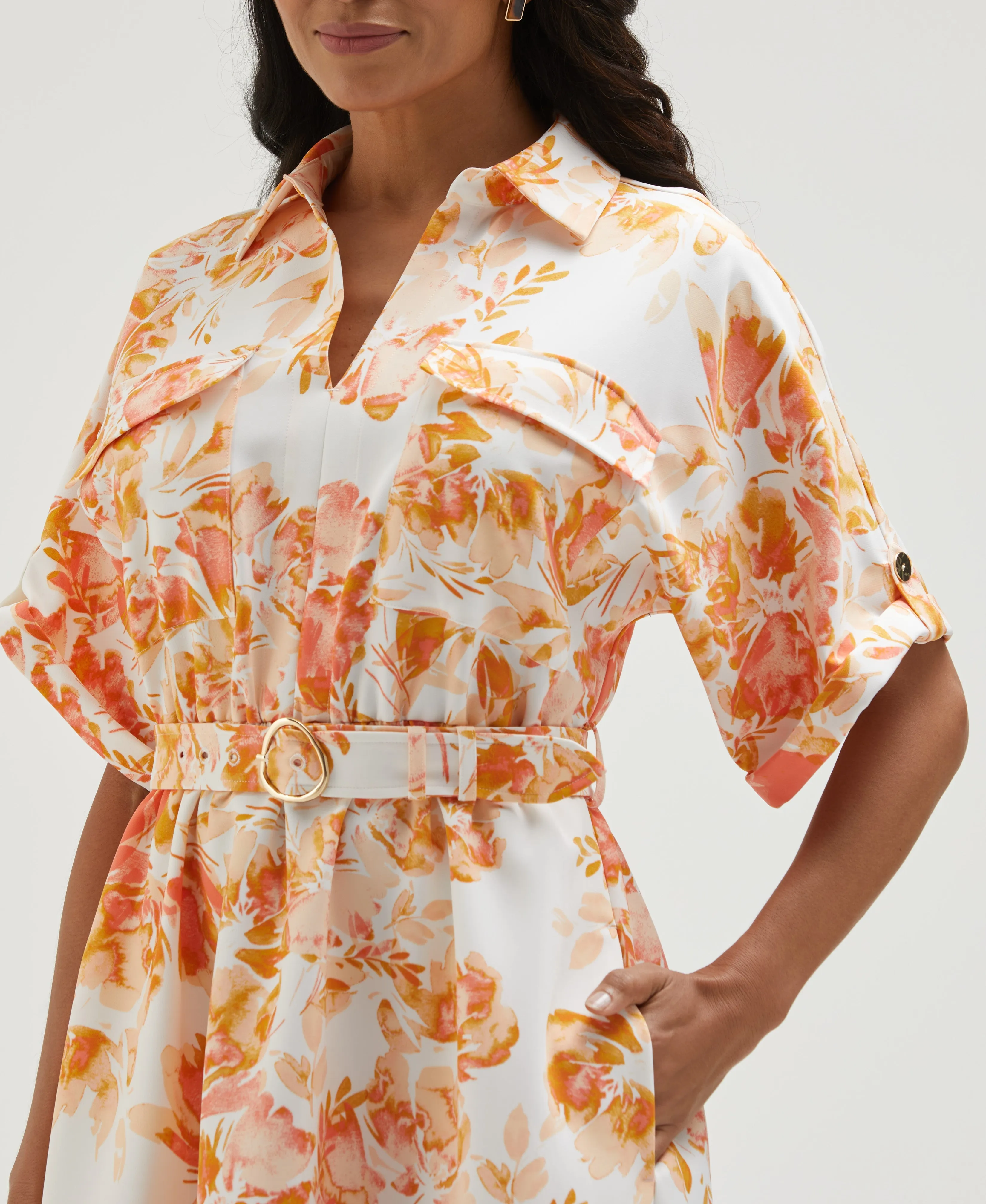 Petite Floral Print Utility Shirt Dress