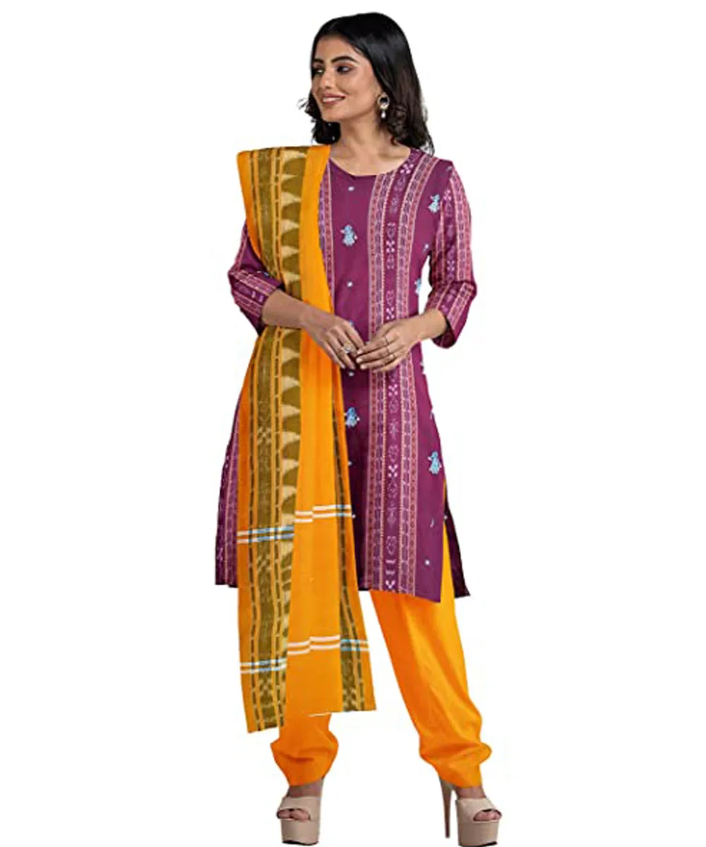 Purple yellow handwoven cotton nuapatna dress material