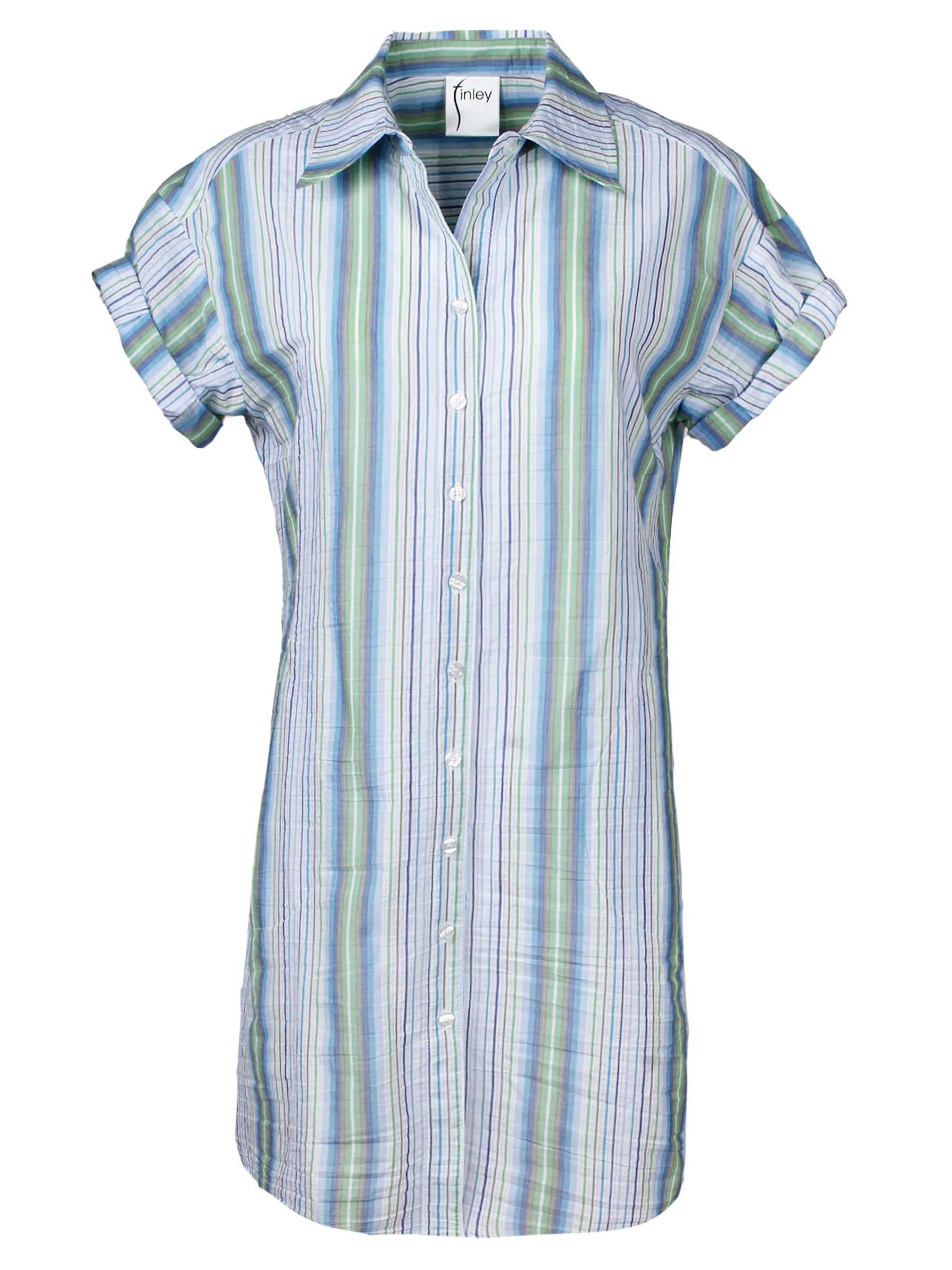 Roll Sleeve Camp Shirt Dress Blue Green Stripe