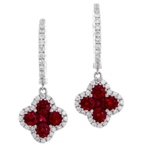 Ruby & Diamond Clover Dangle Huggy Earrings 18K White Gold