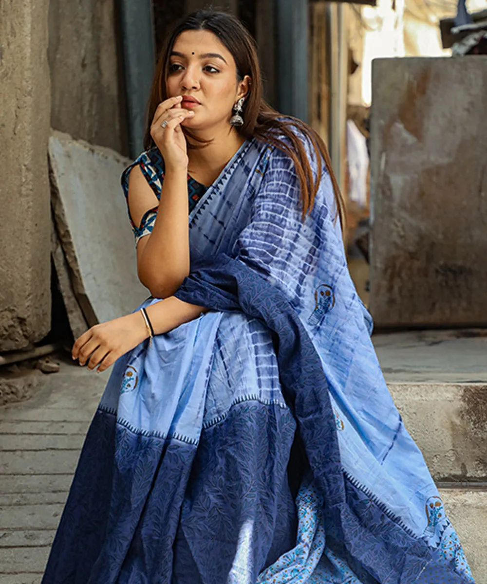 Sky blue deep blue cotton hand block sanganeri printed saree