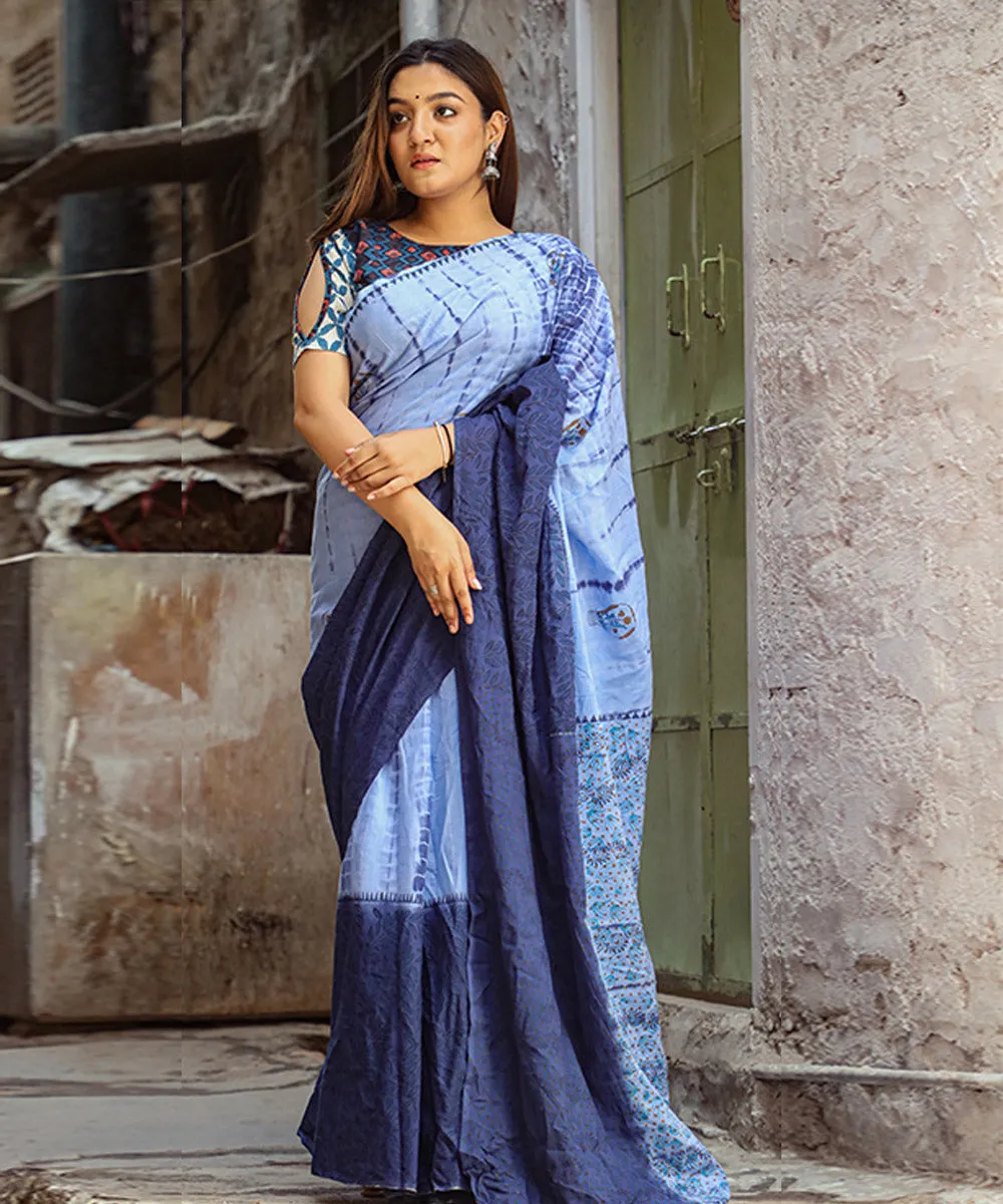 Sky blue deep blue cotton hand block sanganeri printed saree