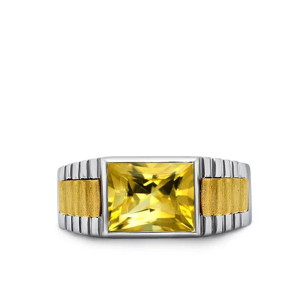 Solid Fine 14k White Gold Mens Ring With Rectangle Yellow Citrine Stone All Sz