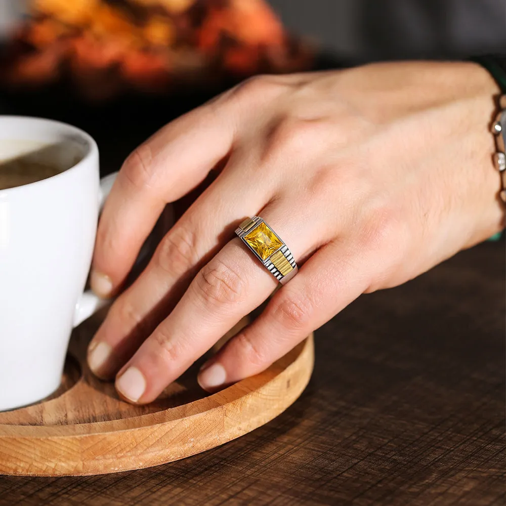 Solid Fine 14k White Gold Mens Ring With Rectangle Yellow Citrine Stone All Sz