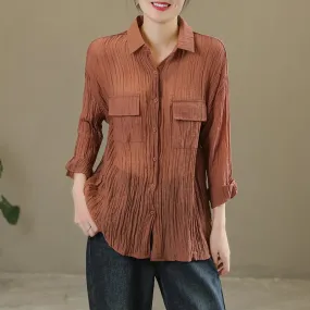 Spring Casual Solid Pleated Linen Blouse