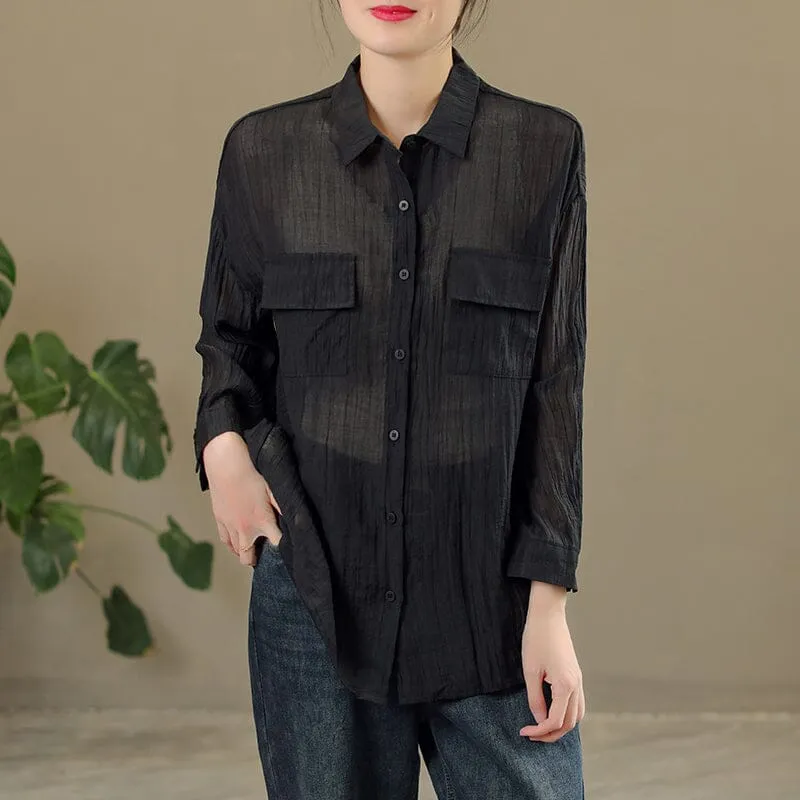 Spring Casual Solid Pleated Linen Blouse