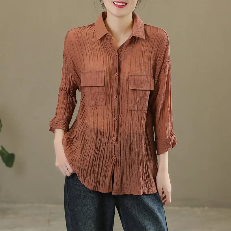 Spring Casual Solid Pleated Linen Blouse