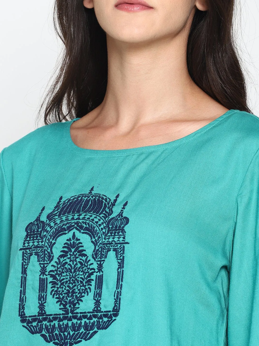 Teal Temple Embroidered Crop Top With Tassels