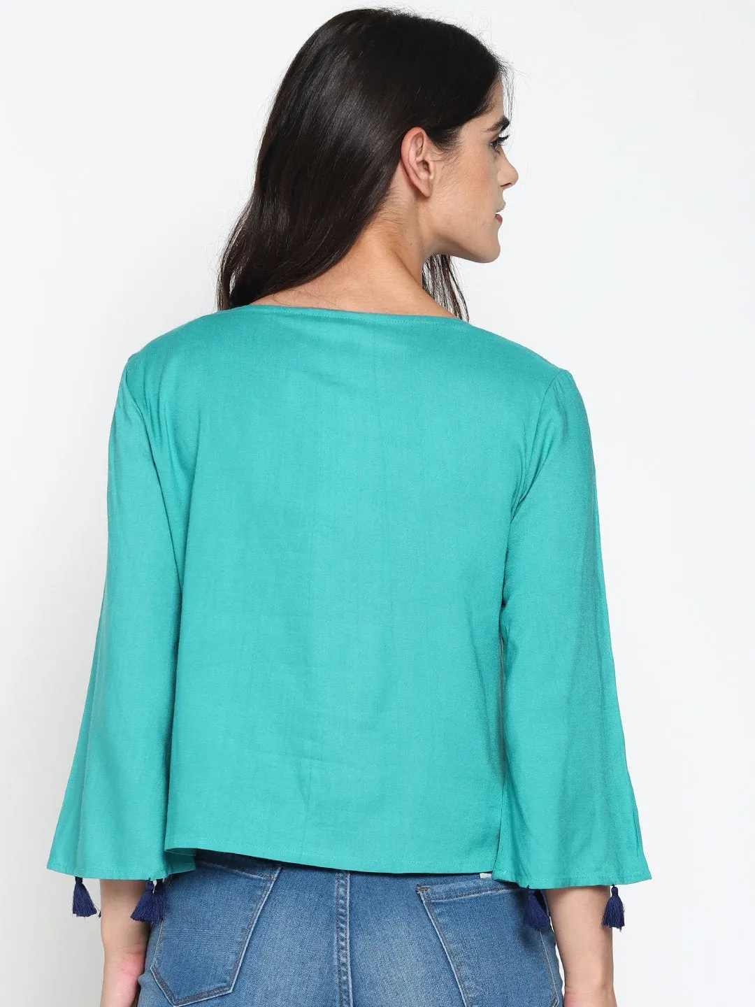 Teal Temple Embroidered Crop Top With Tassels