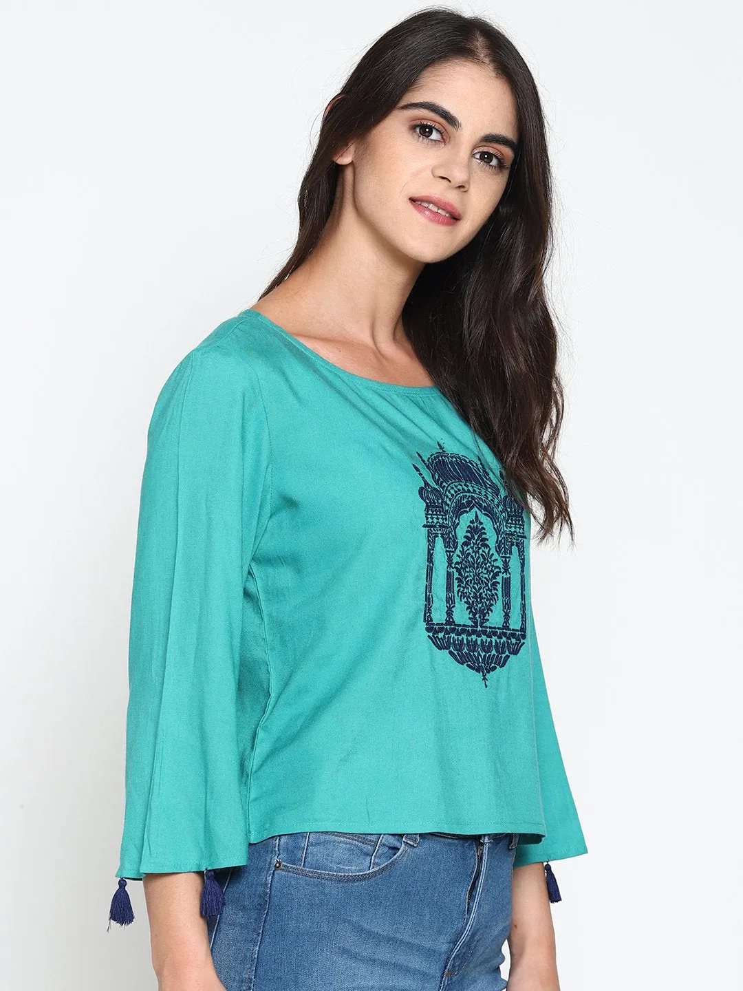 Teal Temple Embroidered Crop Top With Tassels