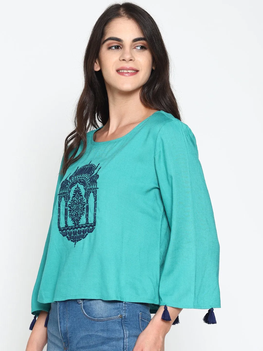 Teal Temple Embroidered Crop Top With Tassels