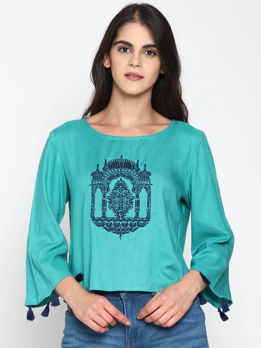 Teal Temple Embroidered Crop Top With Tassels