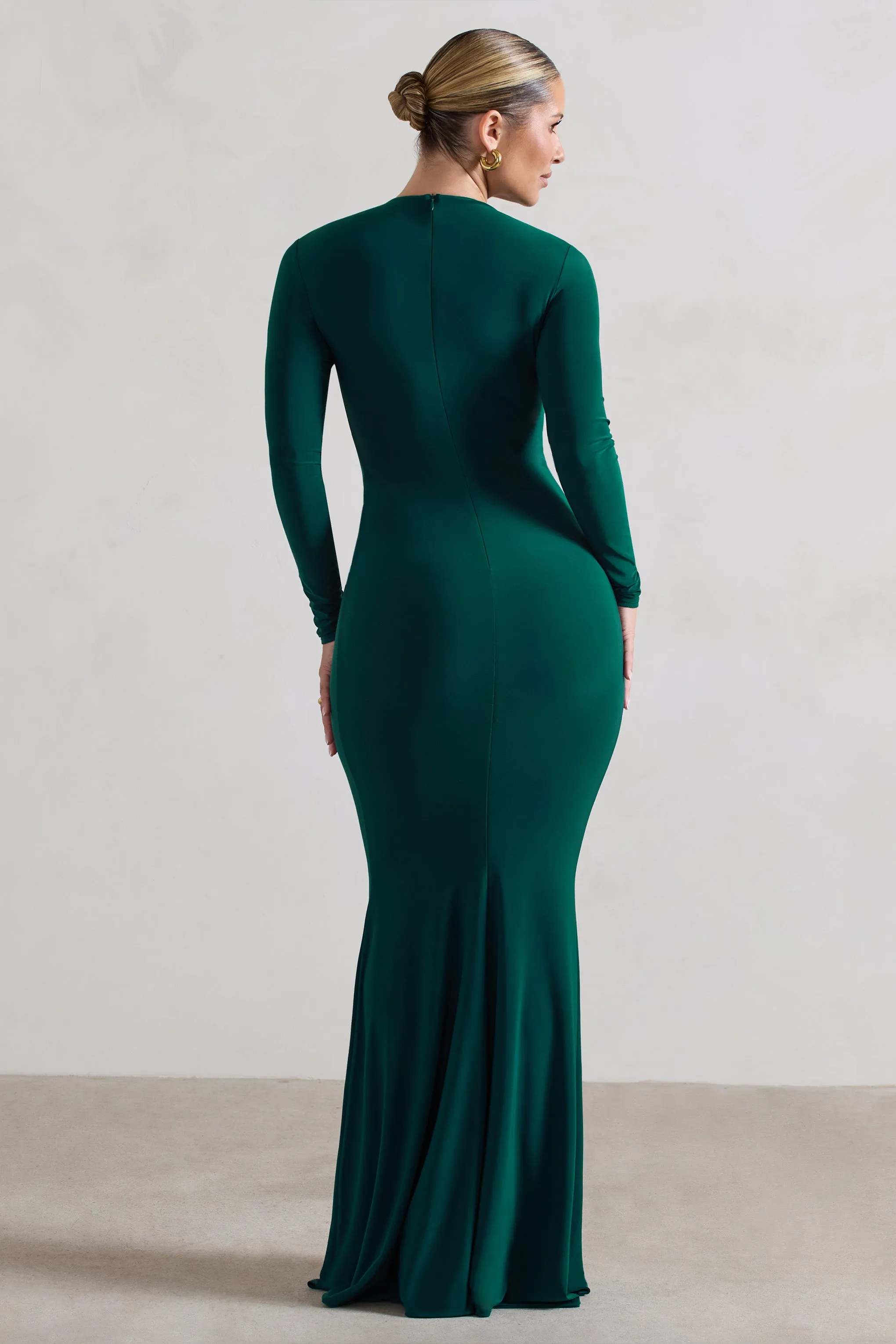 Tianna | Bottle Green Plunge-Neck Twisted Split Maxi Dress