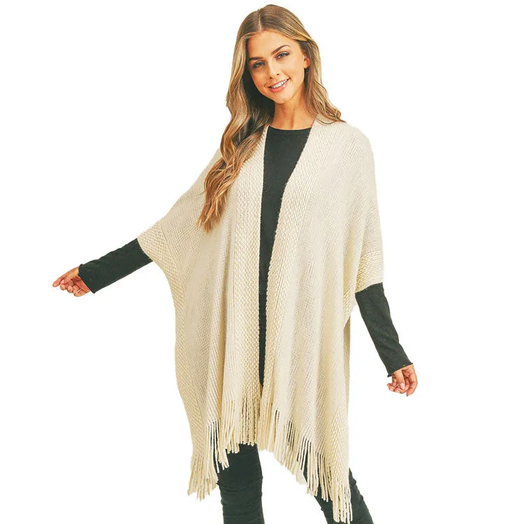 Trim Detail Fringe Kimono Poncho Wrap