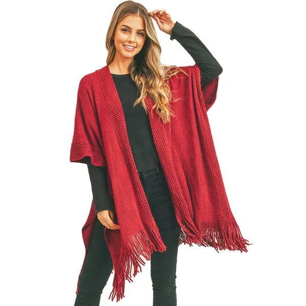 Trim Detail Fringe Kimono Poncho Wrap