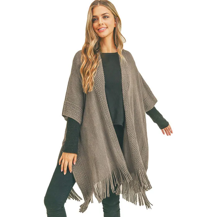 Trim Detail Fringe Kimono Poncho Wrap