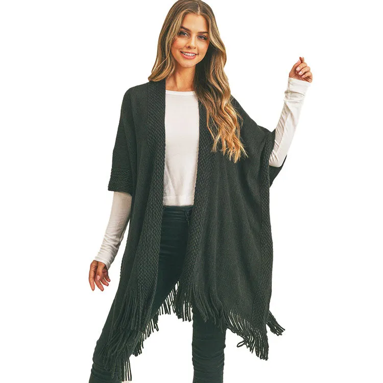 Trim Detail Fringe Kimono Poncho Wrap