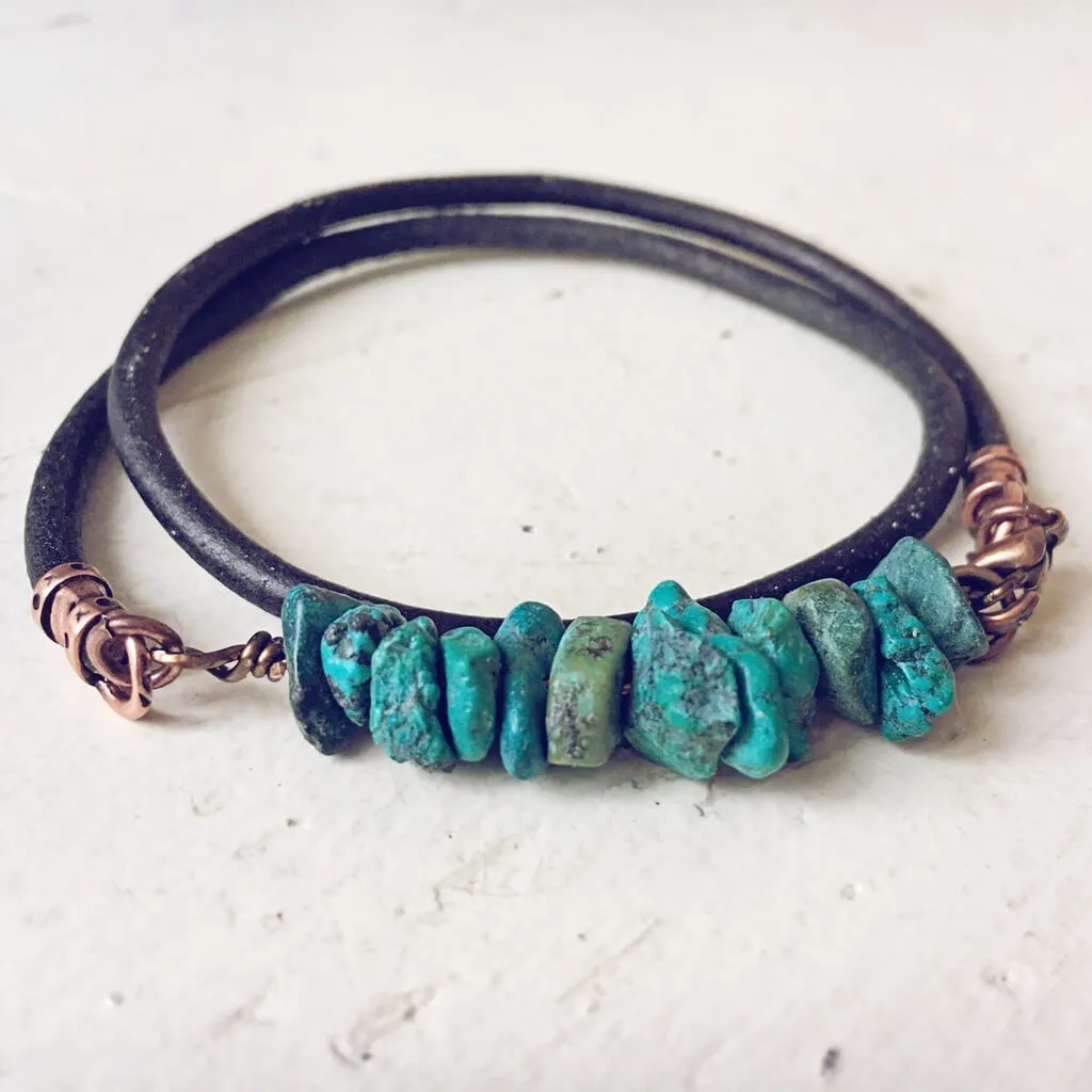 turquoise chip // unisex leather wrap bracelet - choker