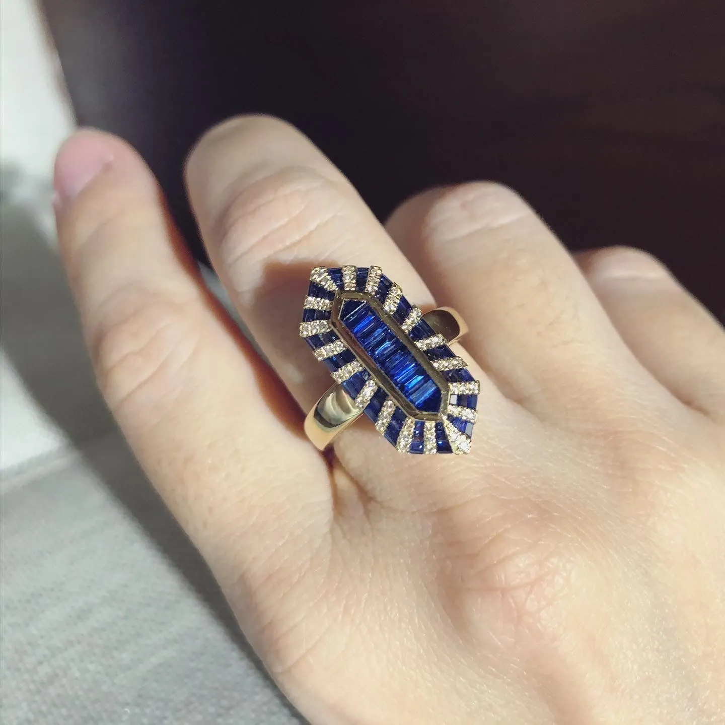 Twist Double Bullet Blue Sapphire Diamond Ring