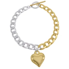 Water Resistant Half And Half Heart Chain Toggle Bracelet silver gold