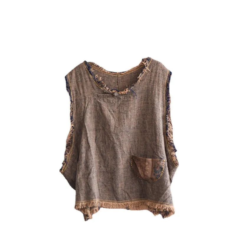 Women Retro Trim Linen Loose Vest