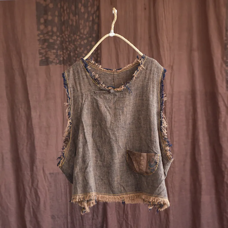 Women Retro Trim Linen Loose Vest