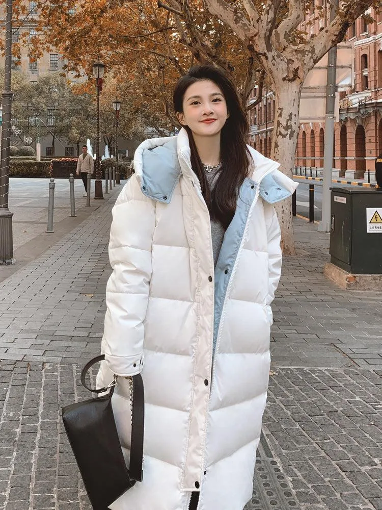 Women White Hooded Quilted Puffer Coat Black Oversize Winter Parka Coat